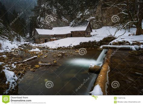 Old Wooden Water Mill In Winter Stock Image Image Of Flow River