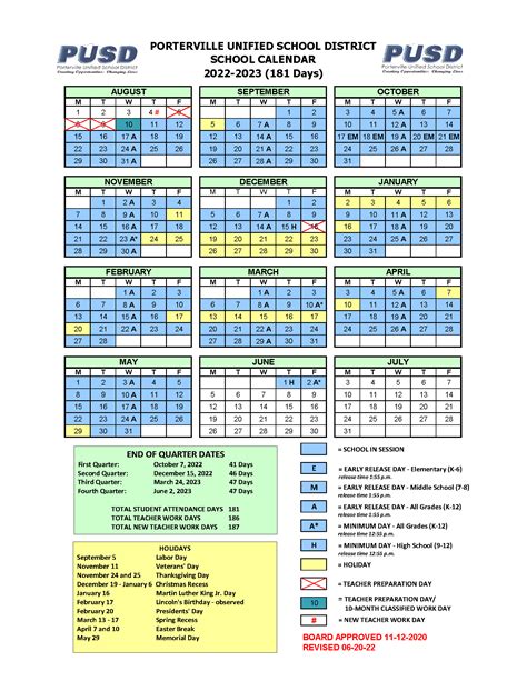 Yearly Calendar Calendars Porterville Unified School District
