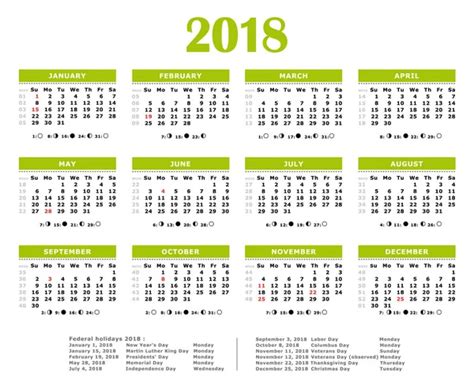 2018 Yearly Calendar American Colors Federal Holidays Moon And