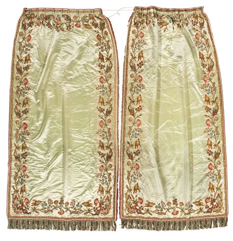 A Set Of Seven Embroidered Satin Curtains Mid 18th Century And Later