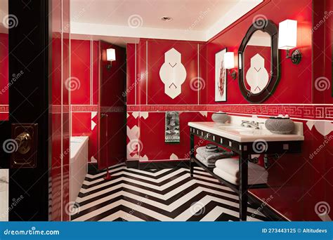 Art Deco Bathroom With Sleek Fixtures And Bold Colors Stock