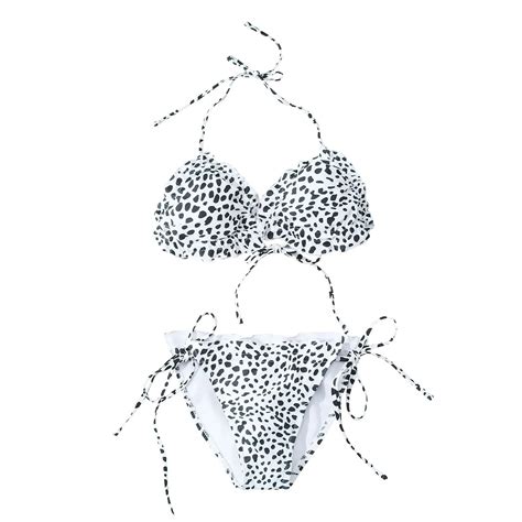 Womens Swimsuit Set Sling Low Waist Wavy White Leopard Print Bandeau Bandage Bikini Set Push Up