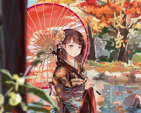 Download Wallpaper 1280x1024 Girl Umbrella Anime Kimono
