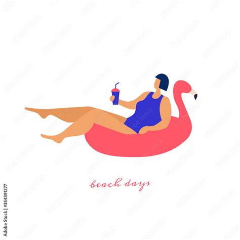 Cute Girl In Blue Swimsuit Swims On An Inflatable Flamingo A Tanned
