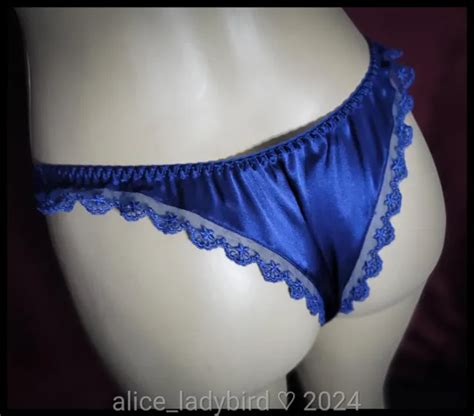 Vintage Cacique Shiny Satin Hi Leg String Bikini Panty Tanga Blue