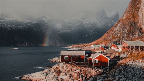 Houses Mountains Fog Rainbow Lofoten Norway 4k Hd Wallpaper