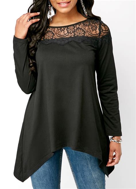 Black Asymmetric Hem Lace Panel Long Sleeve Blouse | Trendy tops for ...