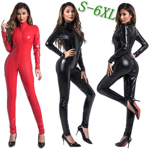 2 Colors Womens Long Sleeve Paint Leather Catsuit Pvc Latex Bodysuit