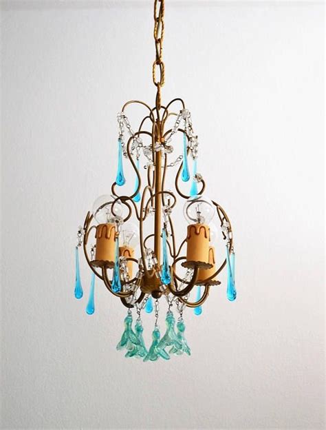 Vintage Crystal Chandelier With Murano Drops And Gilt Frame Vintage