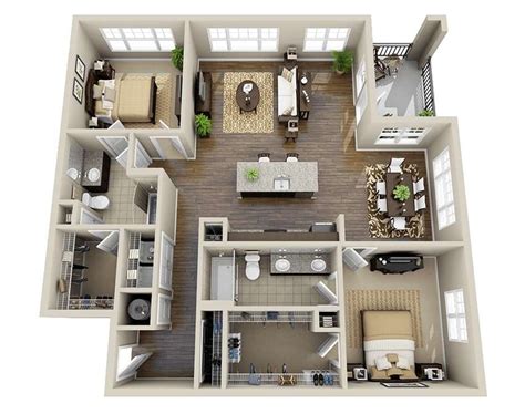 10 Awesome Two Bedroom Apartment 3D Floor Plans