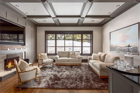 Gray Transitional Living Room With Coffered Ceiling Hgtv