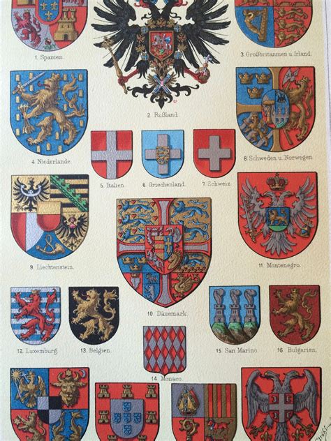 1897 Coats Of Arms European Nations Original Antique Print Mounted