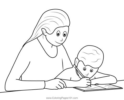 Mom Helping Son With Homework Coloring Page For Kids Free Mothers