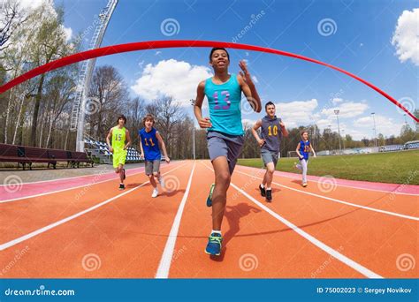 Happy African Sprinter Running To The Finish Line Stock Image Image