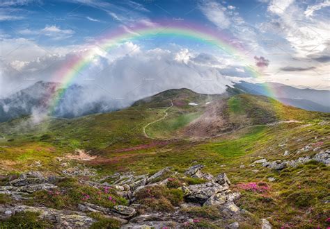 Mountain Landscape With Rainbow And Nature Stock Photos ~ Creative Market
