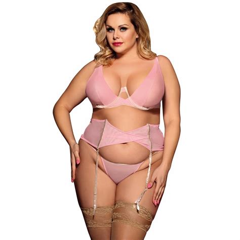 Seductive Pink 3 Piece Delicate Lace Mature Women Plus Size Lingerie
