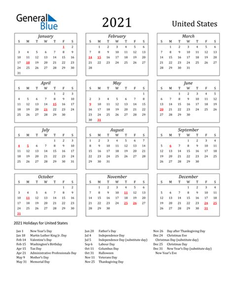 2021 United States Calendar With Holidays