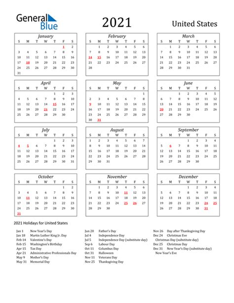 2021 Calendar Printable One Page With Holidays