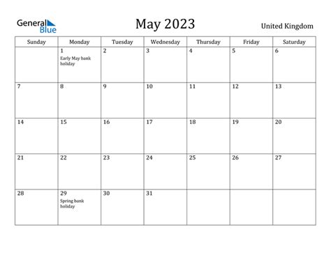 May 2023 Calendar With United Kingdom Holidays