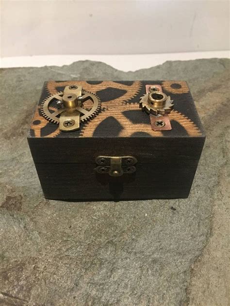 Small Hinged Wooden Steampunk Jewellery Box Or Trinket Box With