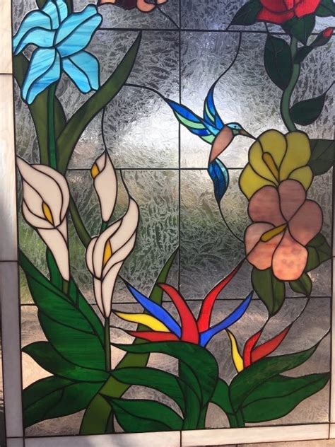 Elegant Hummingbird Butterfly And Flowers Leaded Stained Glass Window Panel