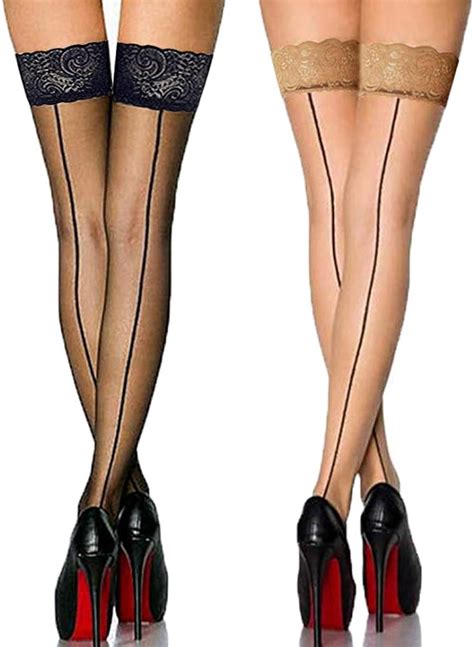 vintage nylon lace top thigh high stockings with back seam for women suspender garter belts 2