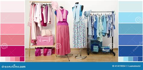 Wardrobe With Blue And Pink Clothes Shoes And Accessories With Color