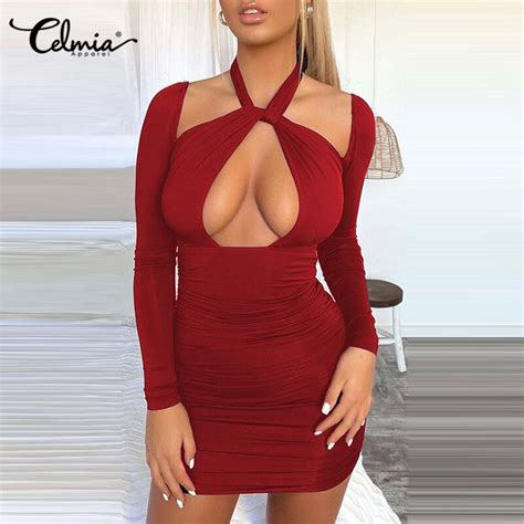 Celmia Sexy Hollow Out Club Mini Dress 2022 Halter Twisted Neck Short Vestidos New Pleated Long