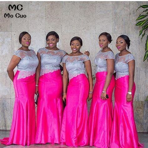 African Fushina Mermaid Bridesmaid Dress Appliques Lace Wedding Party Dress Short Sleeves Hard