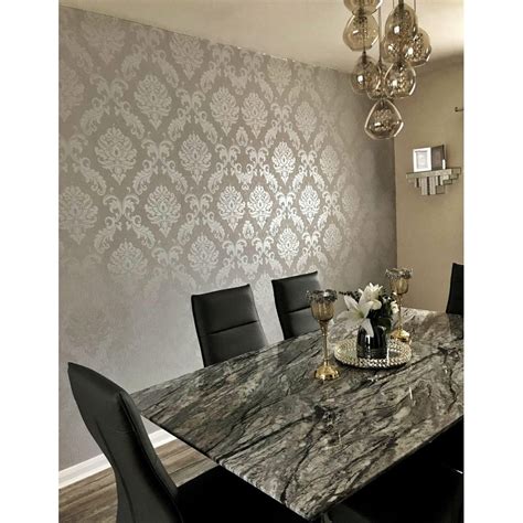 Chelsea Glitter Damask Wallpaper In Soft Grey And Silver Grey Wallpaper