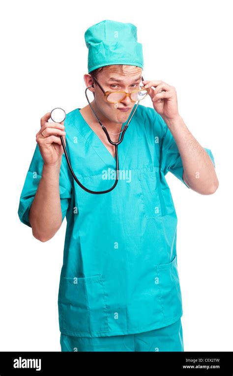 Crazy Doctor Isolated Against White Background Stock Photo Alamy