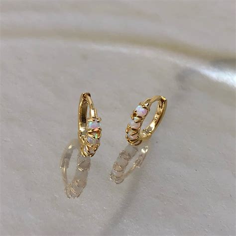Tiny Opal Gold Plated Mini Hoops Huggie Earrings Stacking Etsy