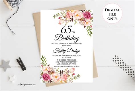 65th Birthday Invitation Floral Women Birthday Invitation Etsy
