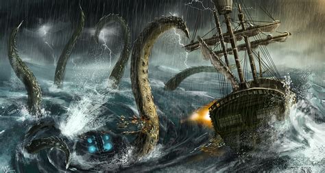 Download 2600x1392 Sea Monster Boat Ocean Lightning Big Waves