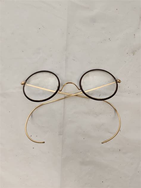antique gold filled round wire rim eyeglasses black b… gem