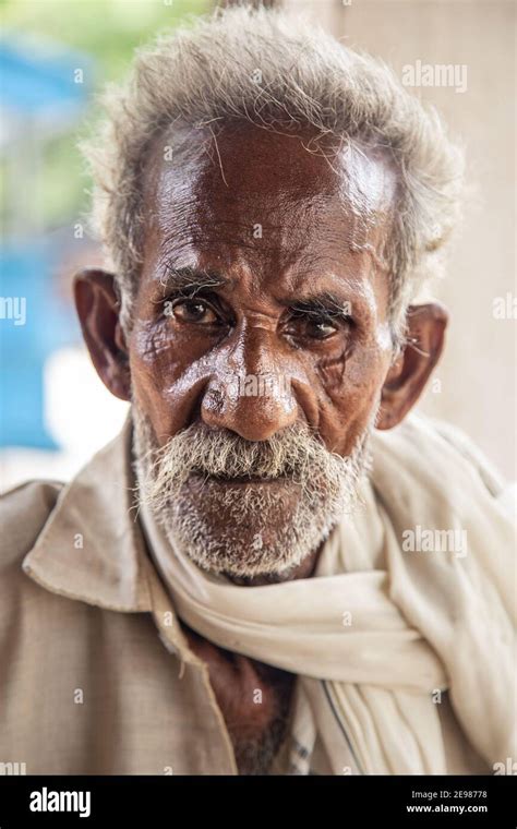 Old Senior Indian Poor Man Portrait With A Dark Brown Wrinkled Face And White Hair And A White