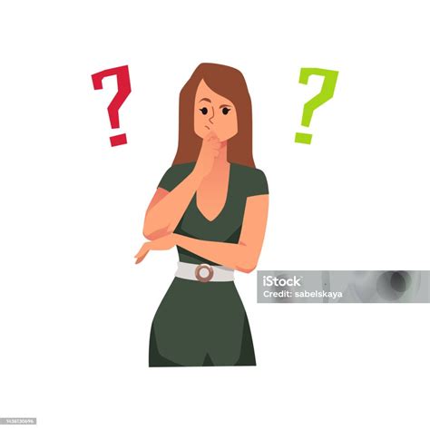 Confused Woman With Question Marks Flat Vector Illustration Isolated On White Background Stock