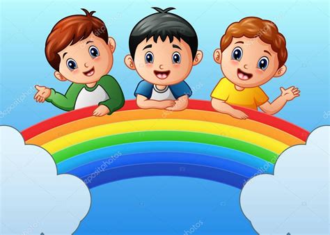 Cartoon Happy Kids On The Rainbow — Stock Vector © Dualoro 161643378