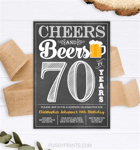 Cheers And Beers To 70 Years Birthday Invitation Editable Adult 70th Birthday Invitation