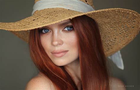 Wallpaper Women Redhead Hat Blue Eyes Portrait Face Simple Background Sean Archer