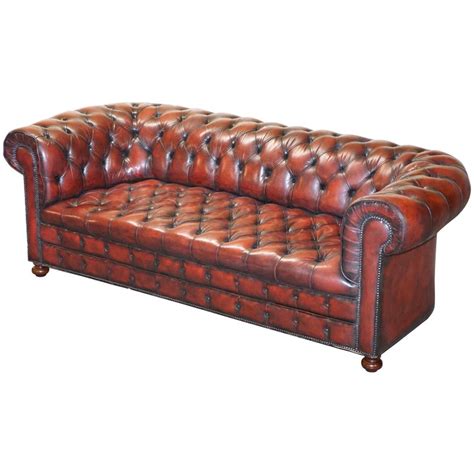 Fully Restored Hand Dyed Oxblood Leather Fully Tufted Chesterfield
