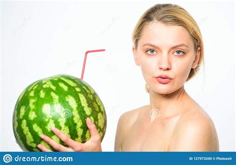 Girl Thirsty Attractive Nude Drink Fresh Juice Whole Watermelon