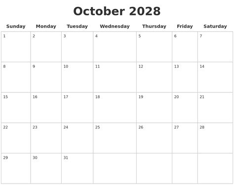 October 2028 Blank Calendar Pages