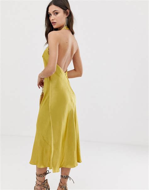 Buy Asos Design Midi Dress With Halter Neck Detail In High Shine Satin