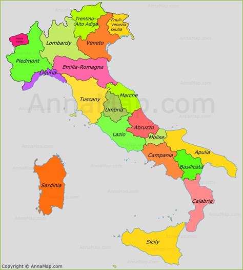 Italy has 20 regions which are then divided into 110 provinces. Italy regions map | Regions of Italy - AnnaMap.com