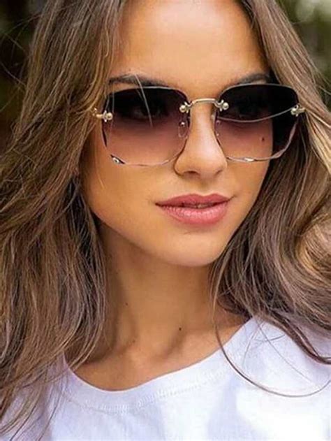 Square Lens Rimless Sunglasses For Women Square Fashion Shades Tinted Lens Metal Frameless