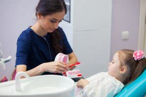 Pediatric Dentist Educating A Smiling Babe Girl About Proper Tooth Brushing Demonstrating On