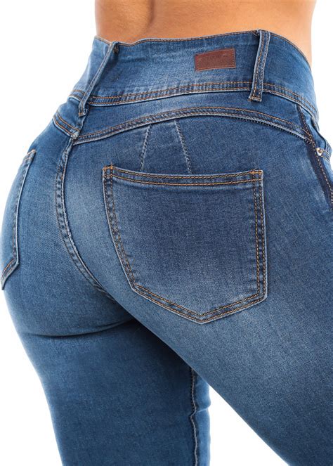 Moda Xpress Womens Skinny Jeans BUTT LIFTING Mid Rise Blue Wash Denim Jeans H Walmart