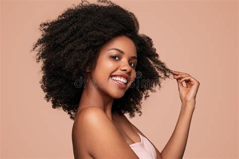 Happy Black Woman Touching Clean Hair Stock Photo Image Of Model