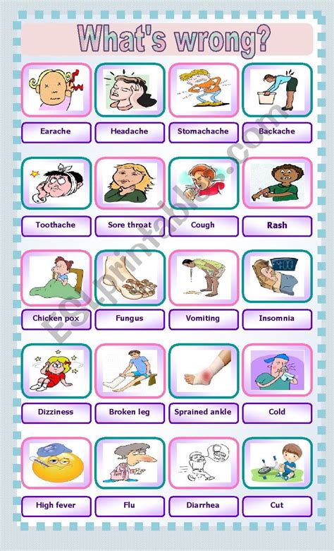 List of esl vocabulary about health problems with the meaning of each one. Illnesses vocabulary - ESL worksheet by Andromaha
